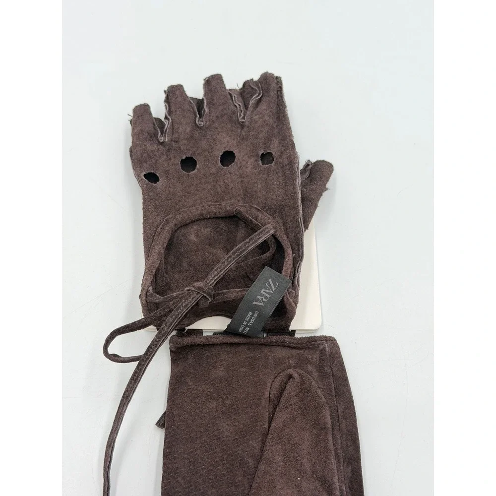 Zara Fingerless Gloves L Brown 100% Suede Leather Lace Up Cut Out NWT